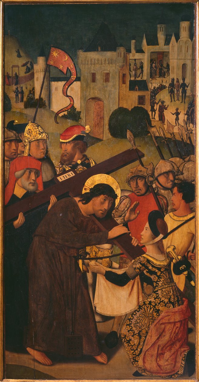 Tryptyk pasyjny Niesienie krzyża, lewy panel (zob. też 345855, 345856, 345858) autorstwa Master of St. Godelieve Legend