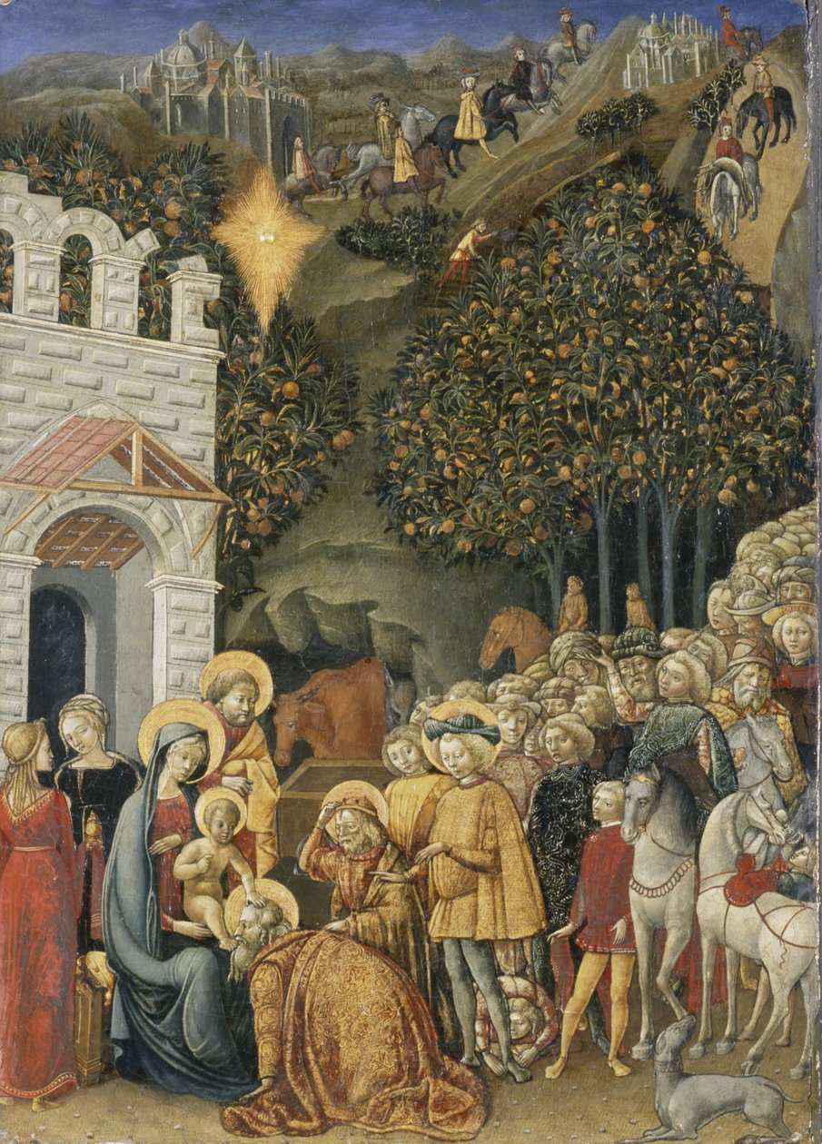 Pokłon Trzech Króli, ok. 1475-80 (tempera na drewnie) autorstwa Master of Stratonike Master of Stratonike