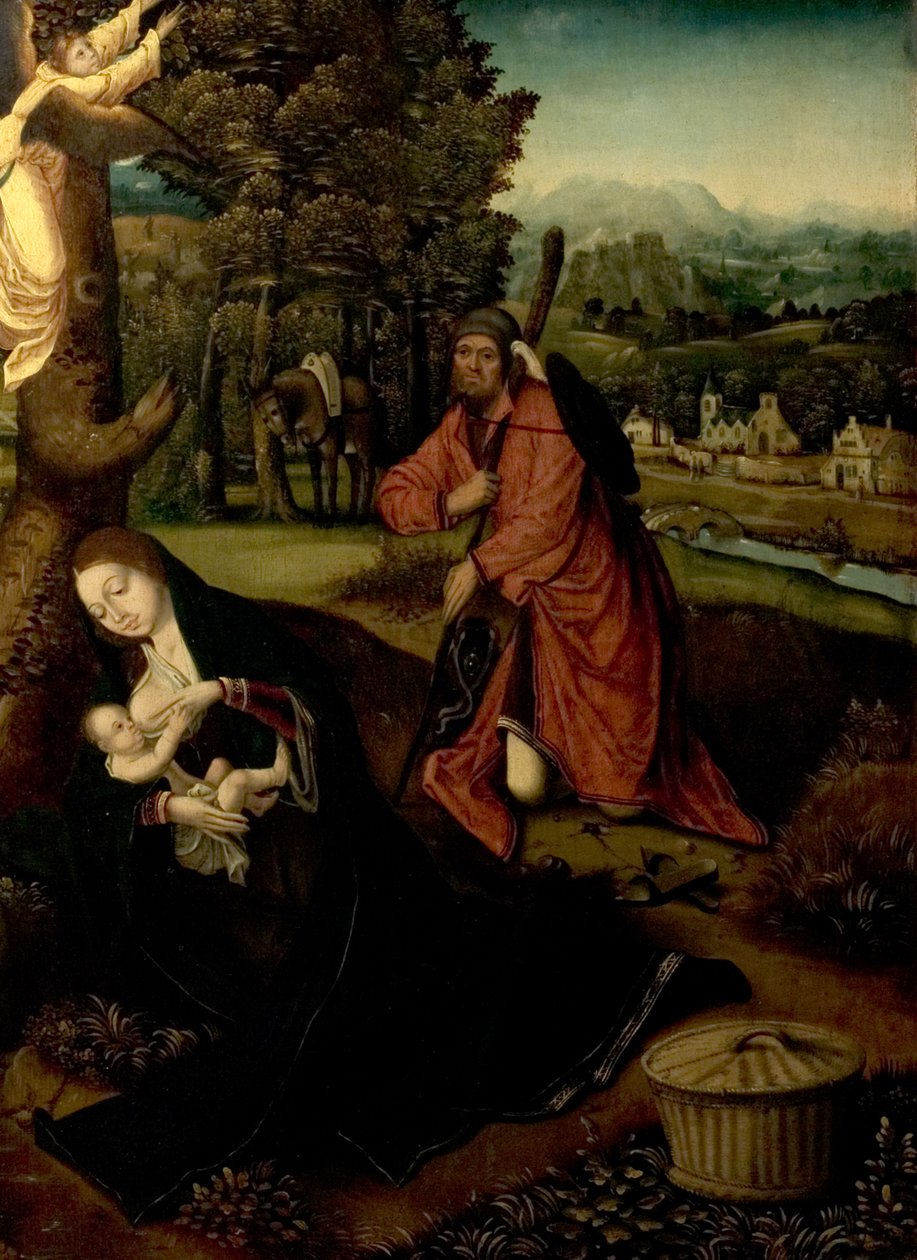 Odpoczynek podczas ucieczki do Egiptu (Dziewica, Dzieciątko i św. Józef w krajobrazie) autorstwa Master of the Antwerp Adoration