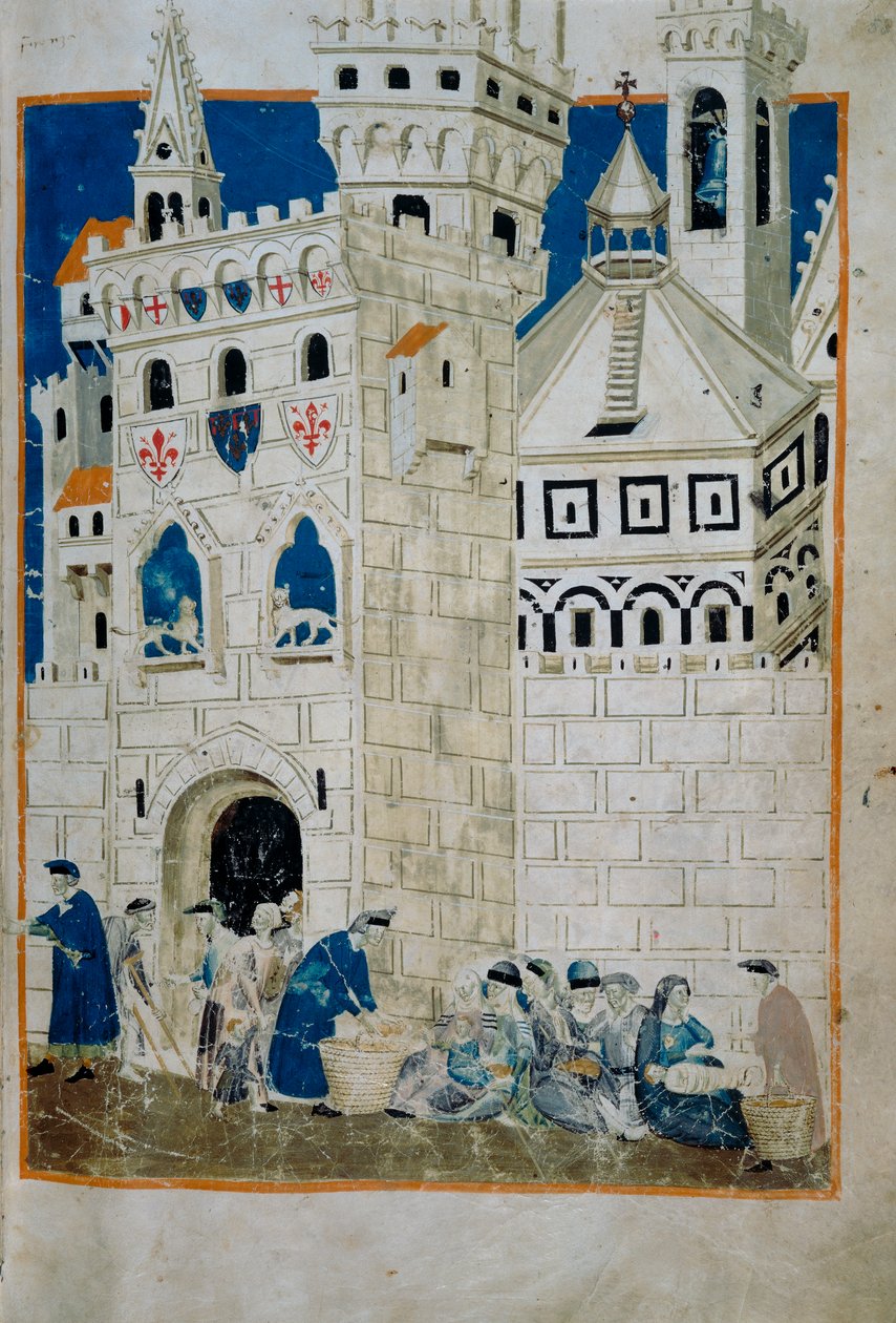 Ubodzy sieneńscy witani we Florencji (Kodeks Tempi 3, ok. 58), miniatura z Kodeksu Biadaiolo autorstwa Master of the Biadaiolo Codex Master of the Biadaiolo Codex