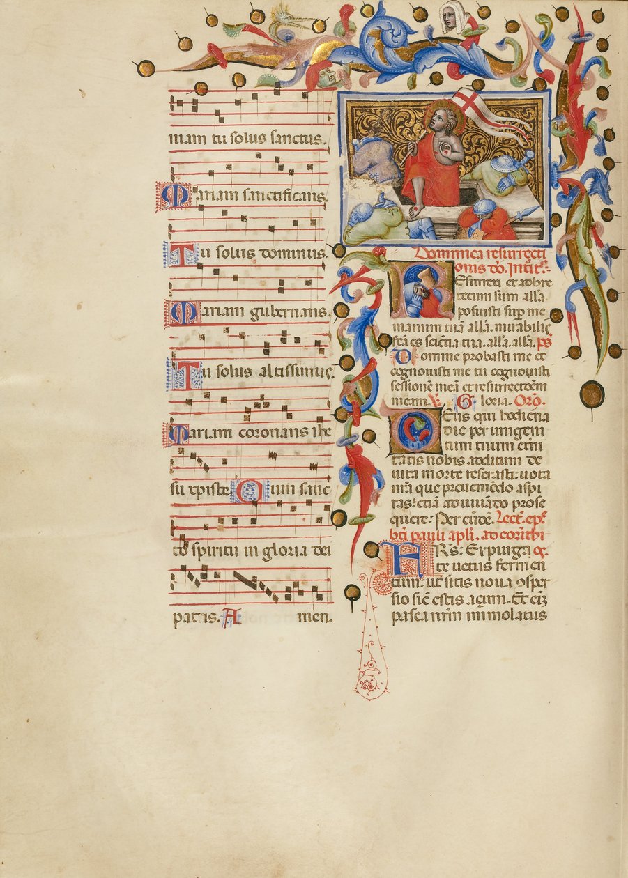 Zmartwychwstanie; Initial R: Śpiący Żołnierz autorstwa Master of the Brussels Initials
