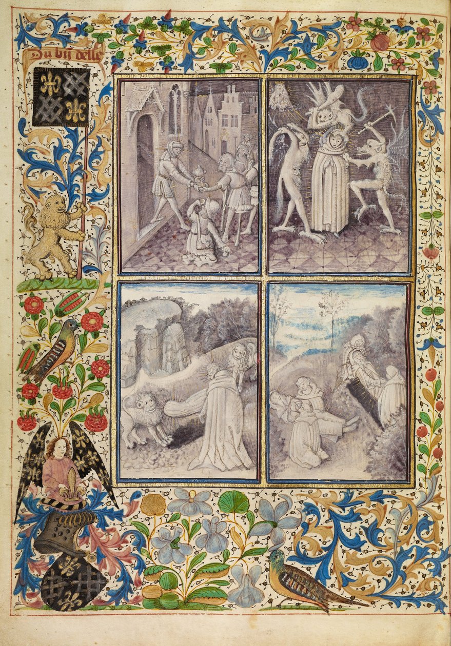 Św. Antoni rozdający swoje szaty ubogim; Antoniego cierpiącego pokusy; Anthony zakopuje Pawła na pustyni; Śmierć i pogrzeb św. Antoniego autorstwa Master of the Brussels Romuléon or workshop