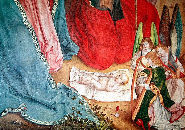 Fragment obrazu Adoracja pasterzy, lewy skrajny panel retabulum ołtarza głównego, 1480 r. autorstwa Master of the Carnation