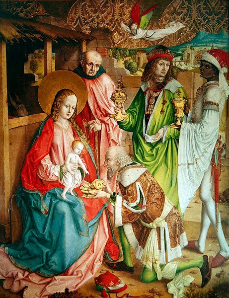 Adoracja Trzech Króli, skrajny prawy panel z retabulum ołtarza głównego, 1480 autorstwa Master of the Carnation