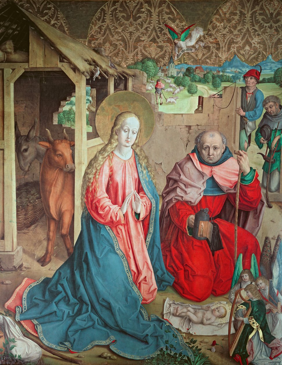 Adoracja pasterzy, skrajny lewy panel z retabulum ołtarza głównego, 1480 autorstwa Master of the Carnation