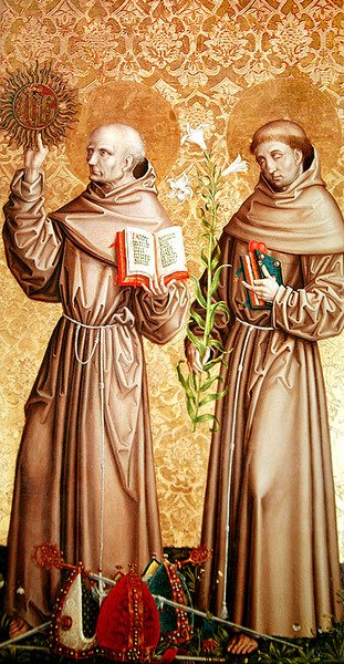 Św. Bernardyn ze Sieny i św. Antoni Padewski, prawy panel z retabulum na ołtarzu głównym, 1480 autorstwa Master of the Carnation