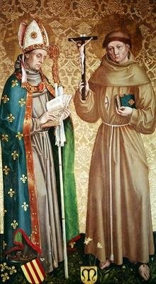 Św. Ludwik z Tuluzy i Św. Franciszek z Asyżu, lewy panel z retabulum na ołtarzu głównym, 1480 autorstwa Master of the Carnation