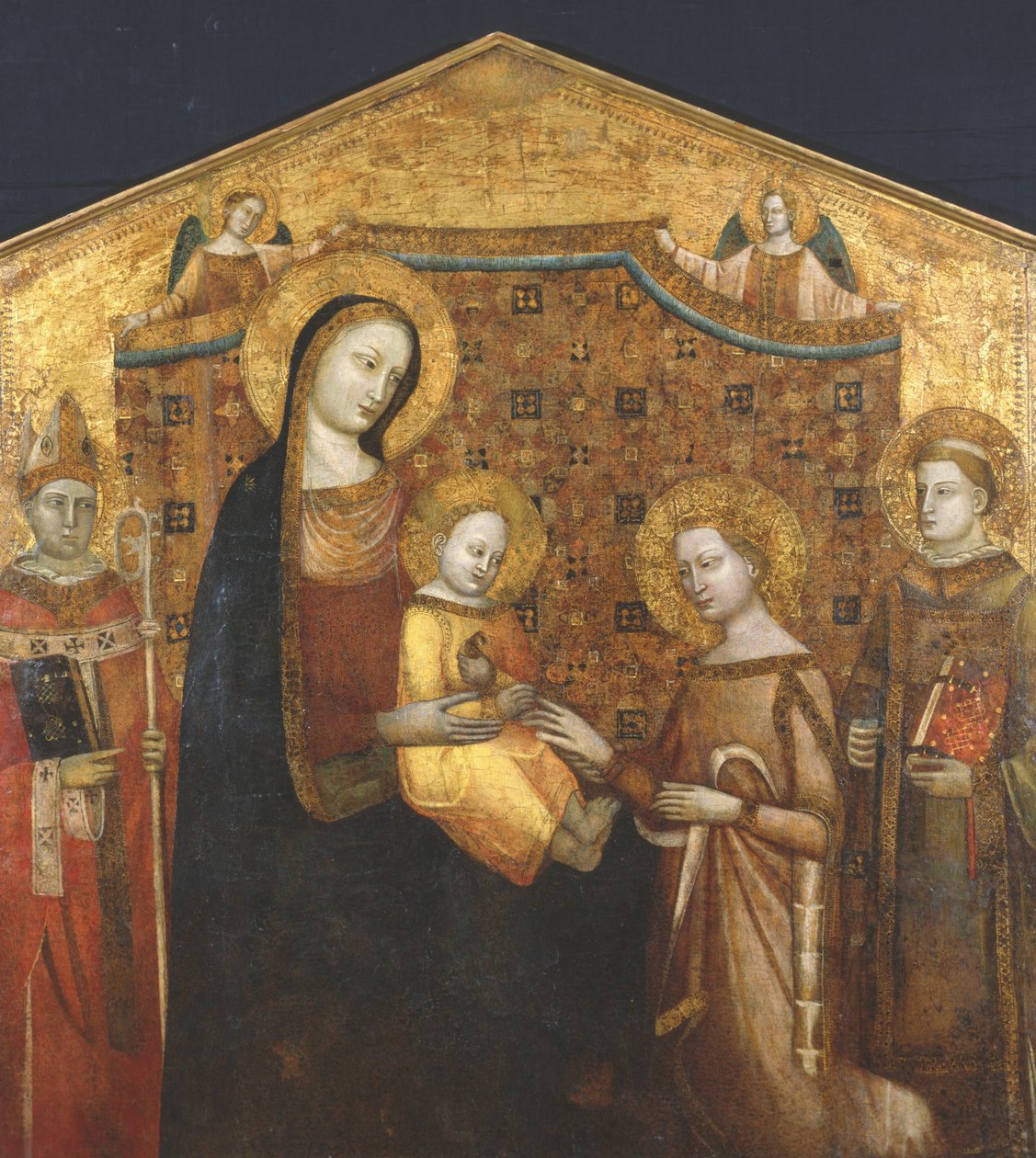Mistyczne zaślubiny św Katarzyny Aleksandryjskiej ze świętymi Zenobio i Leonardem (tempera na panelu) autorstwa Master of the Christchurch Coronation