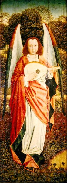 Dziewica z Dzieciątkiem z Aniołami, panel po lewej stronie przedstawiający anioła-muzyka autorstwa Master of the Embroidered Foliage
