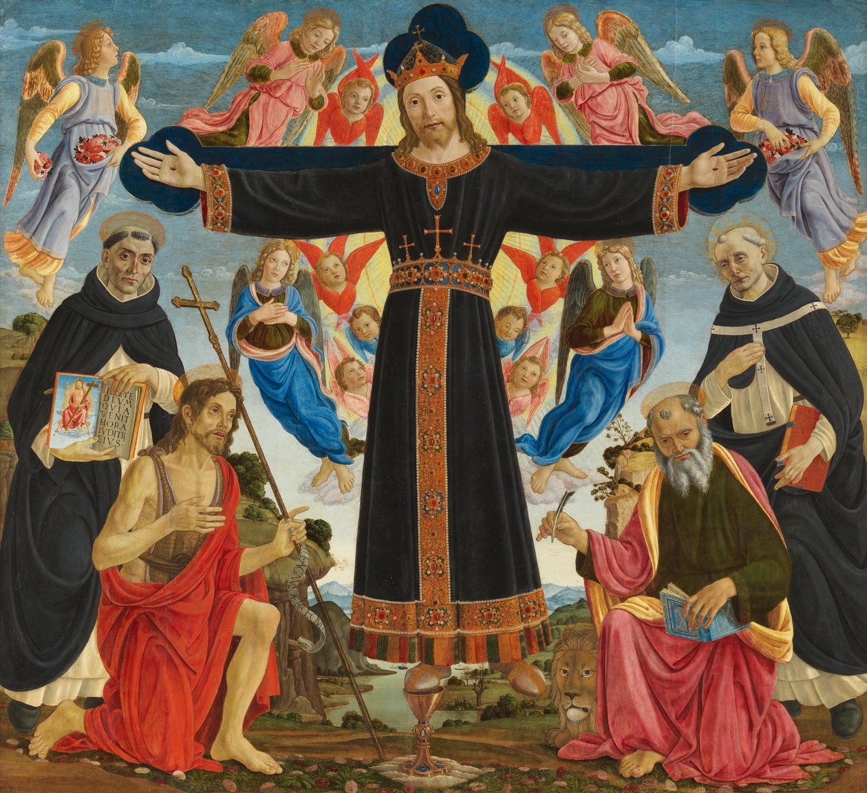 Chrystus na krzyżu ze św. Wincentym Ferrem, Janem Chrzcicielem, Markiem i Antoniuszem, ok. 1491-5 (tempera i olej na desce) autorstwa Master of the Fiesole Epiphany