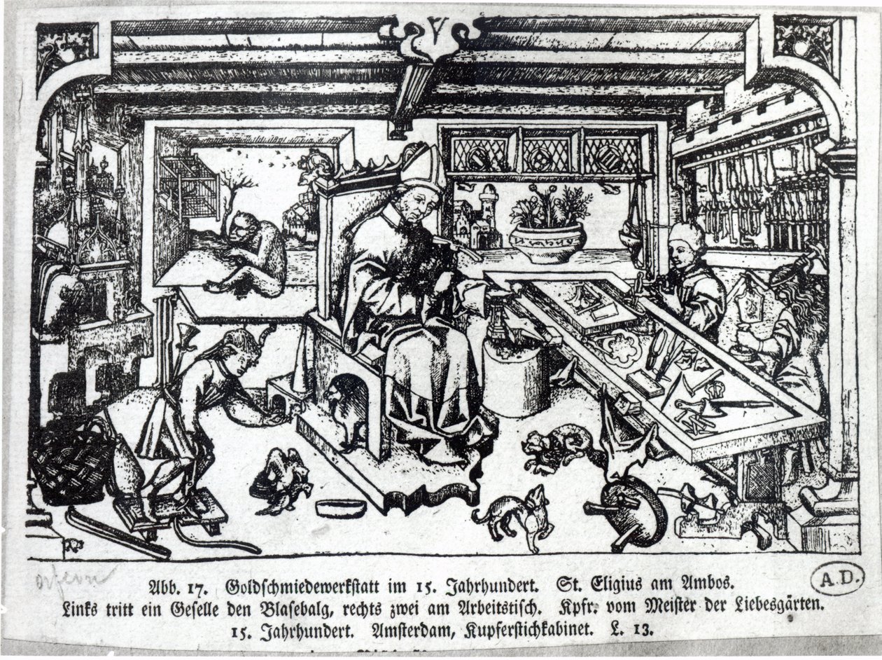 Św. Eligiusz (ok. 588-660) jako złotnik w swoim warsztacie, ok. 1450 autorstwa Master of the Gardens of Love