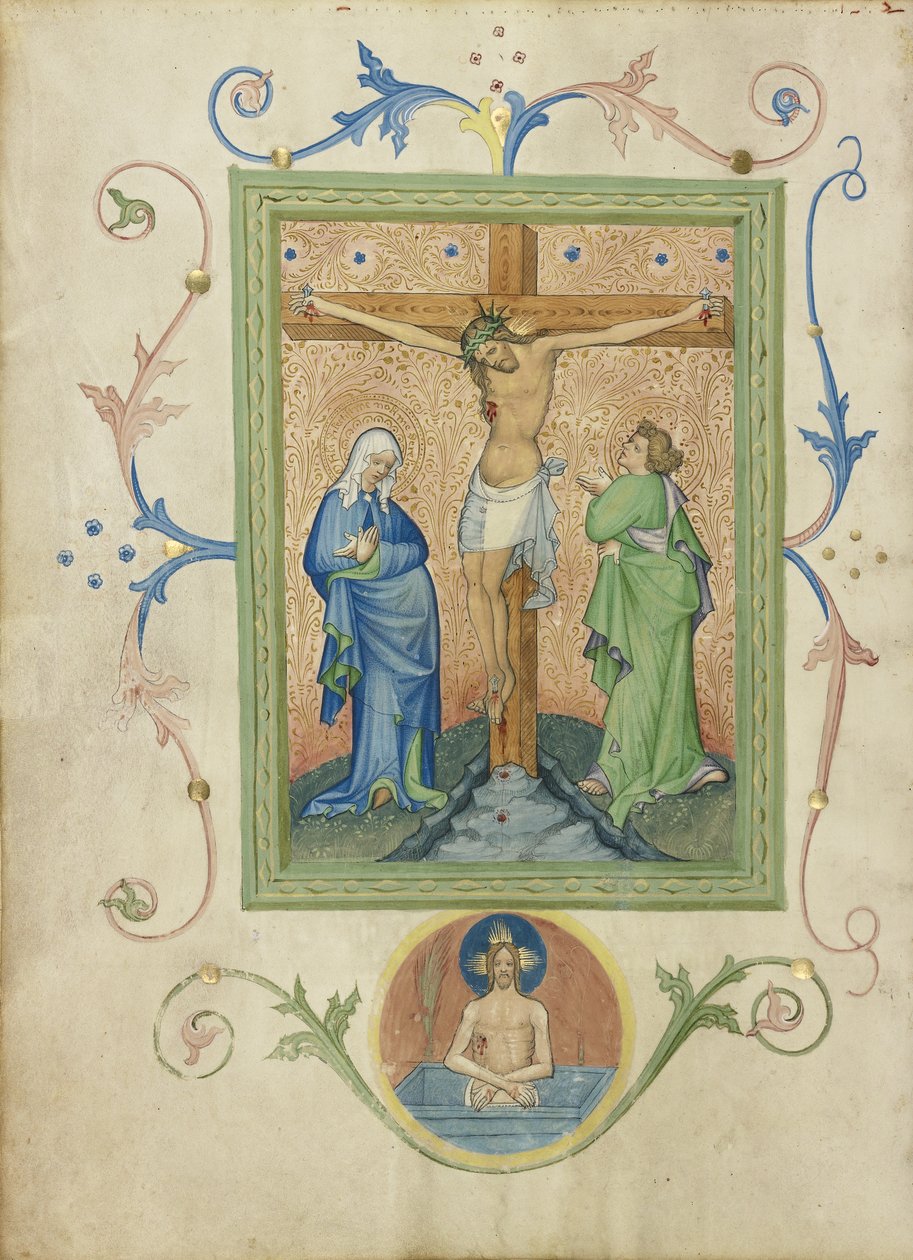Ukrzyżowanie z mszału Collegium Ducale, ok. 1420-30 (kolory temperowe, płatki złota i atrament na pergaminie) autorstwa Master of the Kremnitz Stadtbuch