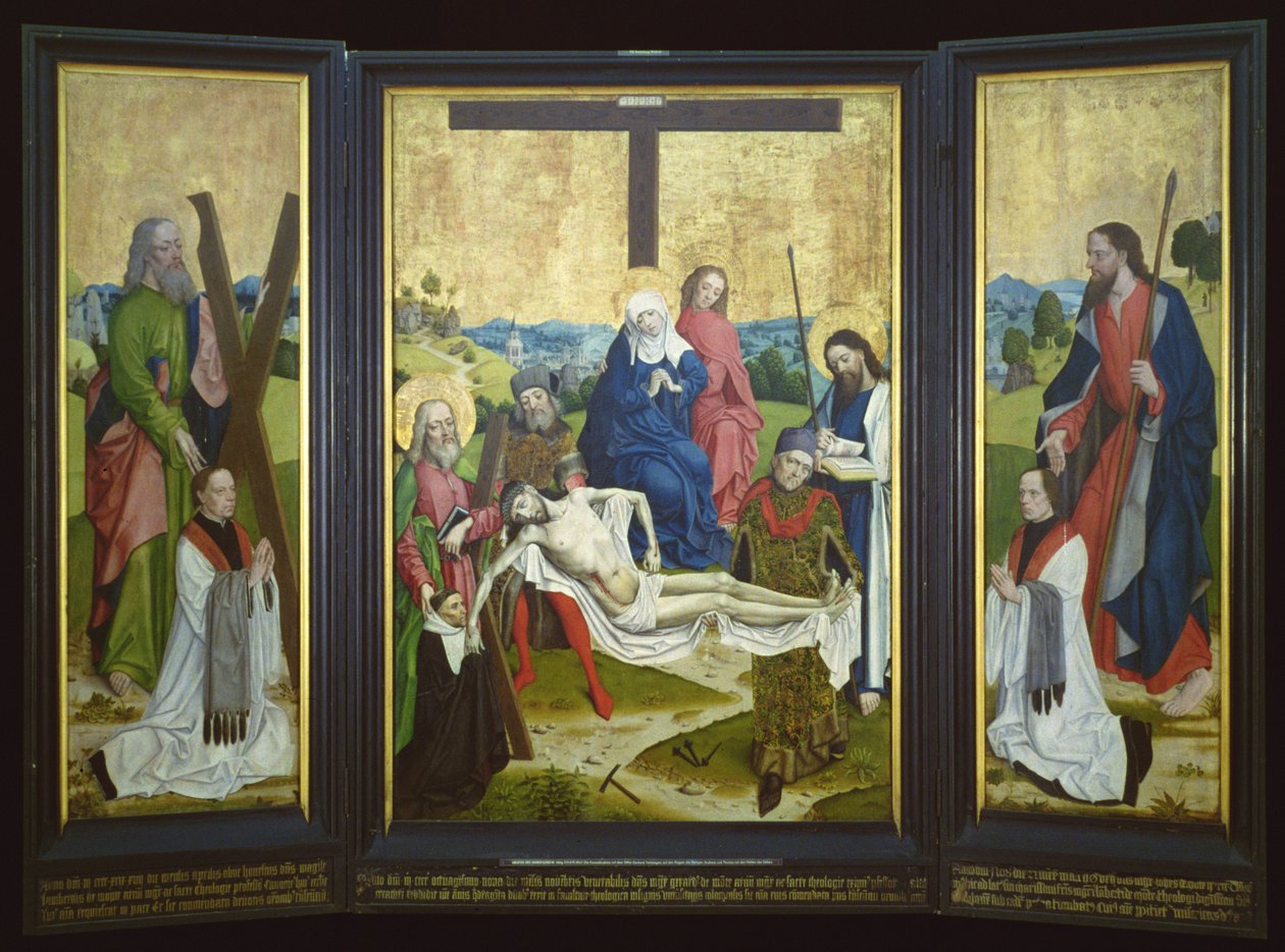 Ołtarz z pietą i donatorami w panelu środkowym; Św. Andrzej i Św. Jan na bocznym panelu, ok.1480-90 (dąb) autorstwa Master of the Life of Virgin Mary
