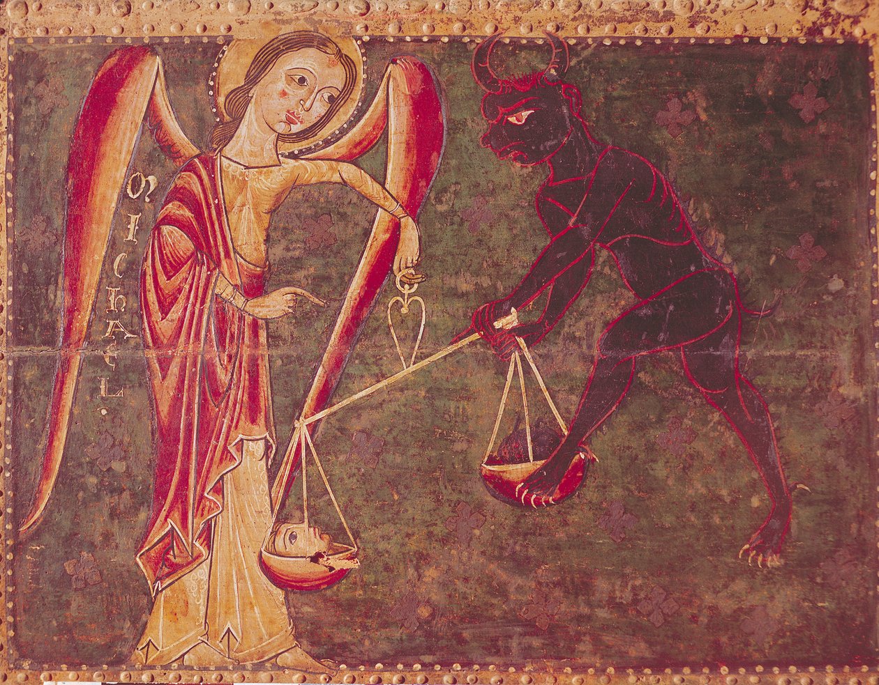 Św. Michał ważący dusze, z ołtarza poświęconego Archaniołowi Michałowi, ok. 1200 (tempera na desce) autorstwa Master of the Llusanes
