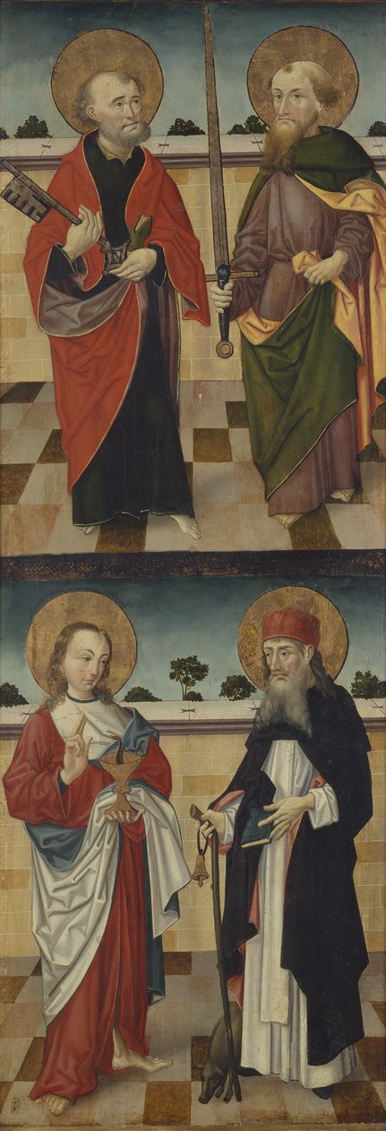 U góry: św. Piotr trzymający klucz i św. Paweł trzymający miecz; Na dole: św. Jan Ewangelista trzymający kielich z wężem i św. Antoni Wielki trzymający wędkę pielgrzyma ze świnią u stóp, autorstwa Master of the Luneburg Footwashers