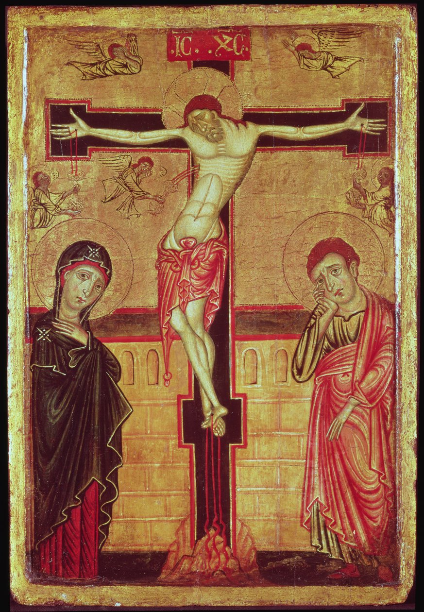 Chrystus na krzyżu, z Matką Boską, św. Janem Ewangelistą i Pięciu Aniołami (tempera na panelu) autorstwa Master of the Magdalene Altarpiece