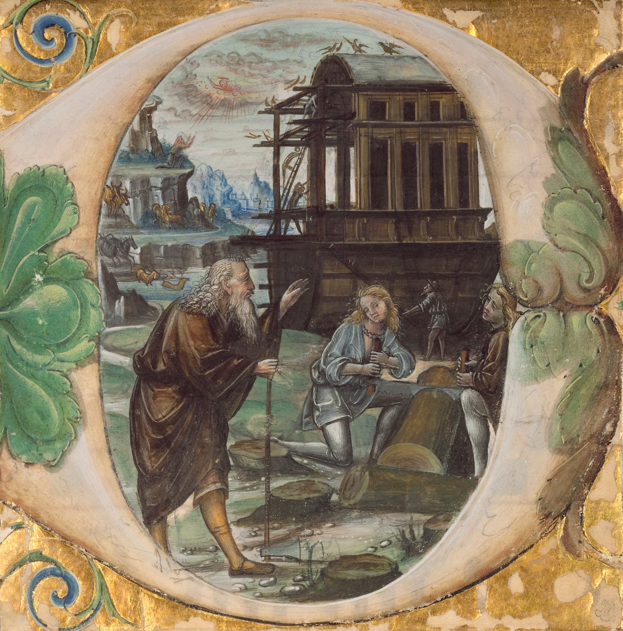 Inicjał D: Noah kierujący budową arki, ok. 1500 (tempera, złoty płatek i atrament na pergaminie) autorstwa Master of the Monogram B.F Master of the Monogram B.F