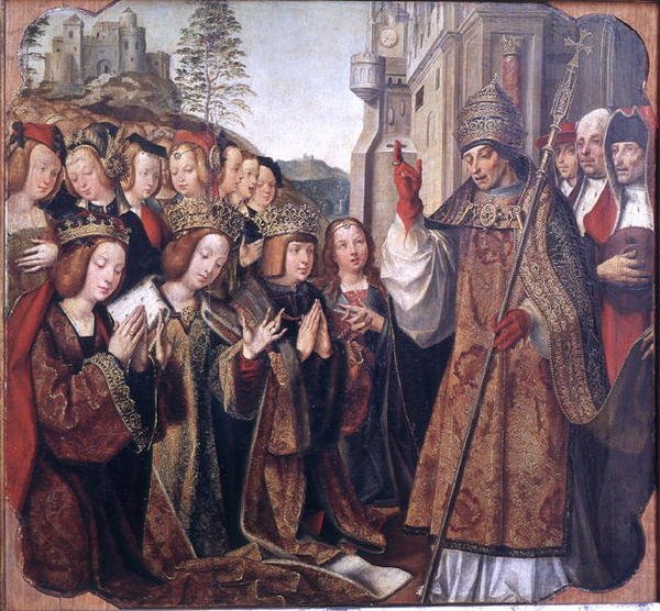 Papież błogosławi św. Autę, św. Urszulę i księcia Eteriusa, z ołtarza św. Auty, ok. 1520 autorstwa Master of the St. Auta Altarpiece