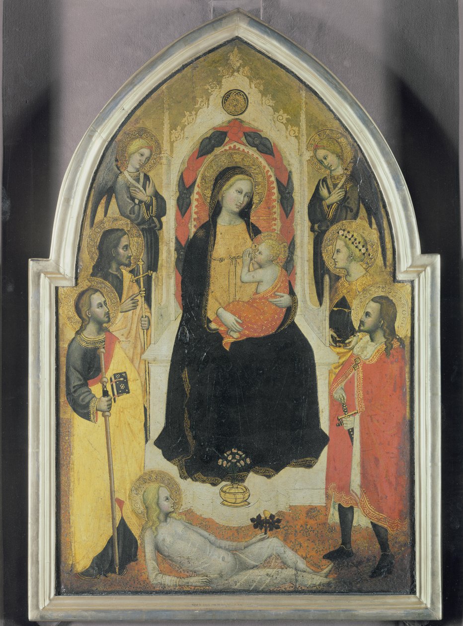 Dziewica i Dzieciątko z aniołami i świętymi, ok. 1390-95 (tempera na panelu) autorstwa Master of the Straus Madonna