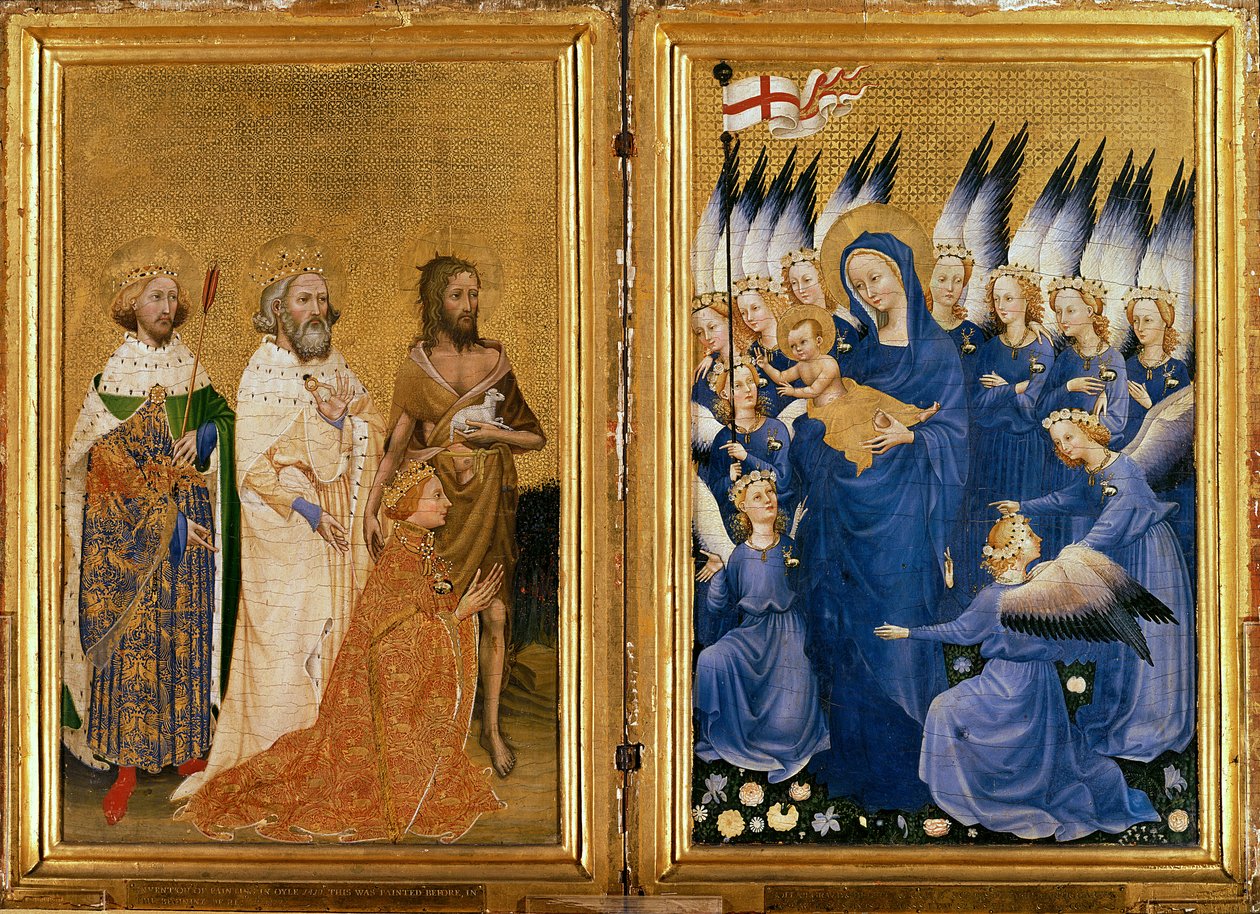 Ryszard II ofiarowany Matce Boskiej z Dzieciątkiem przez swego Patrona św. Jana Chrzciciela oraz św. Edwarda i Edmunda, ok. 1395-99 (tempera jajeczna na dębie) autorstwa Master of the Wilton Diptych