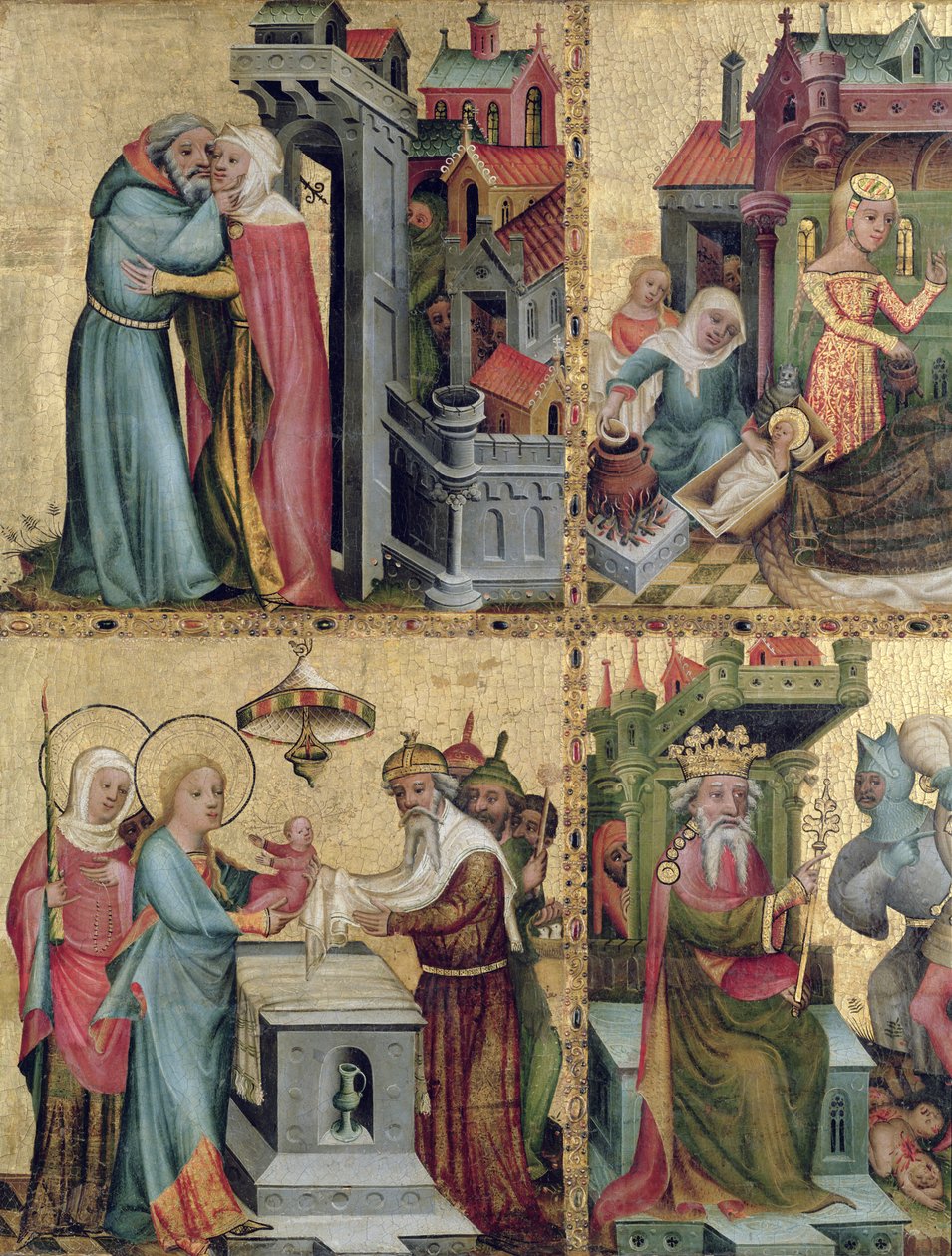 Spotkanie przy Złotej Bramie i Ofiarowanie w Świątyni, z Ołtarza Buxtehude, 1400-10 (tempera na panelu) autorstwa Master Bertram of Minden