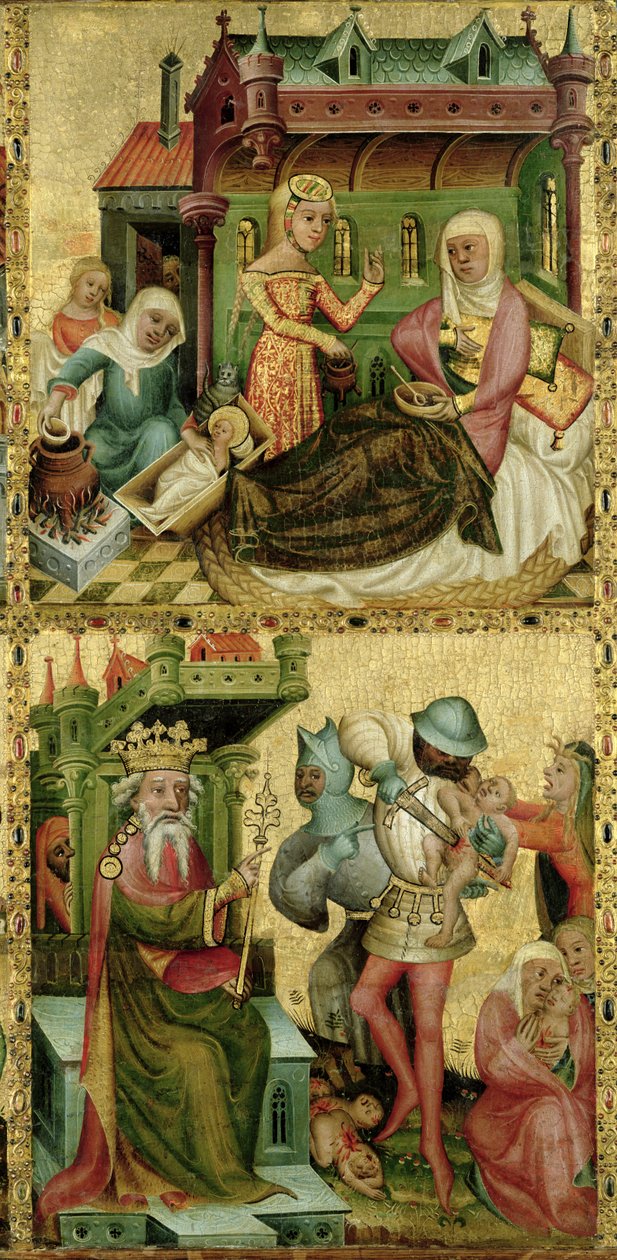 Mergelės gimimas ir nekaltųjų žudynės, iš Buxtehude altoriaus, 1400-10 (tempera ant skydelio)poli autorstwa Master Bertram of Minden