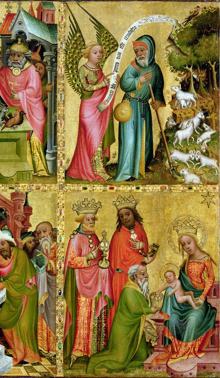 Zwiastowanie św. Joachimowi i Pokłon Trzech Króli, z lewego skrzydła Ołtarza Buxtehude, 1400-10 (tempera na desce) (detal z 159469) autorstwa Master Bertram of Minden