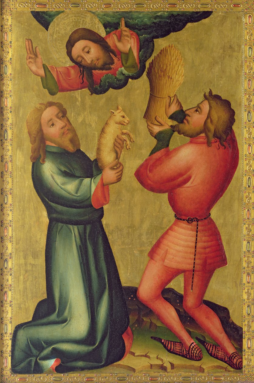 Ofiarowanie Kaina i Abla z ołtarza św. Piotra w Hamburgu, Ołtarz Grabarza, 1383 (tempera na płótnie) autorstwa Master Bertram of Minden