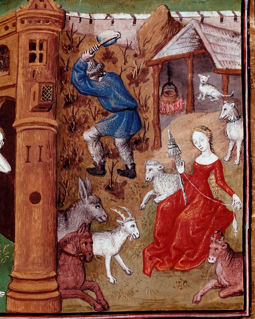 Przedstawienie Adama zbierającego ziemię i Ewy przędzącej wełnę po upolowaniu z ziemskiego Raju. Miniatura zaczerpnięta z „” Des cas des nobles hommes et femmes infortunes”” (De casibus) autorstwa Giovanniego Boccaccio dit Jean Boccace (1313-1375), Włochy autorstwa Master Dunois