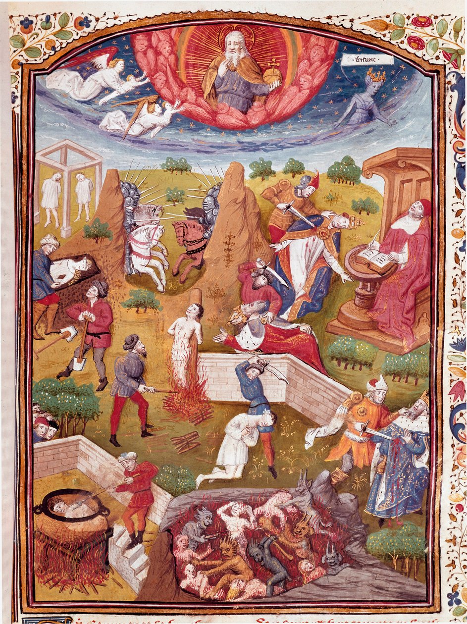 Wizja Boccace: scena tortur, powieszenia, masakry Miniatura zaczerpnięta z „Nieszczęsnych przypadków szlachetnych mężczyzn i kobiet” (De casibus) autorstwa Giovanniego Boccaccio dit Jean Boccace (1313-1375), włoskiego pisarza, przekład Laurent de Premierfa autorstwa Master Dunois