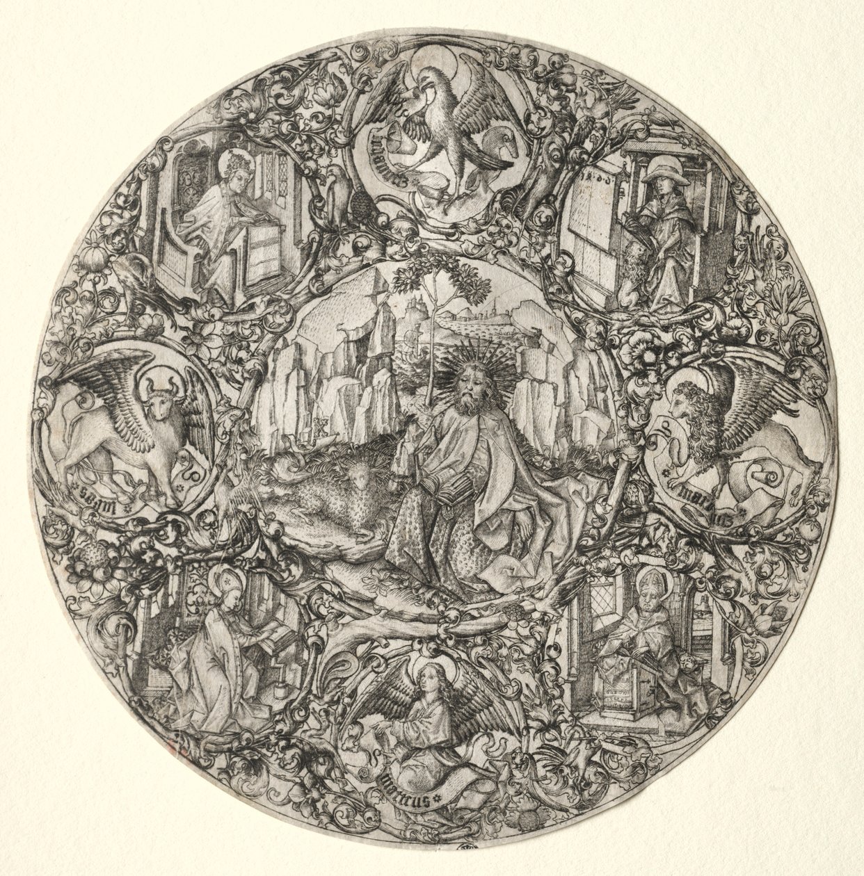 Św. Jan Chrzciciel w otoczeniu ewangelistów i czterech ojców Kościoła łacińskiego, 1466. autorstwa Master E. S.