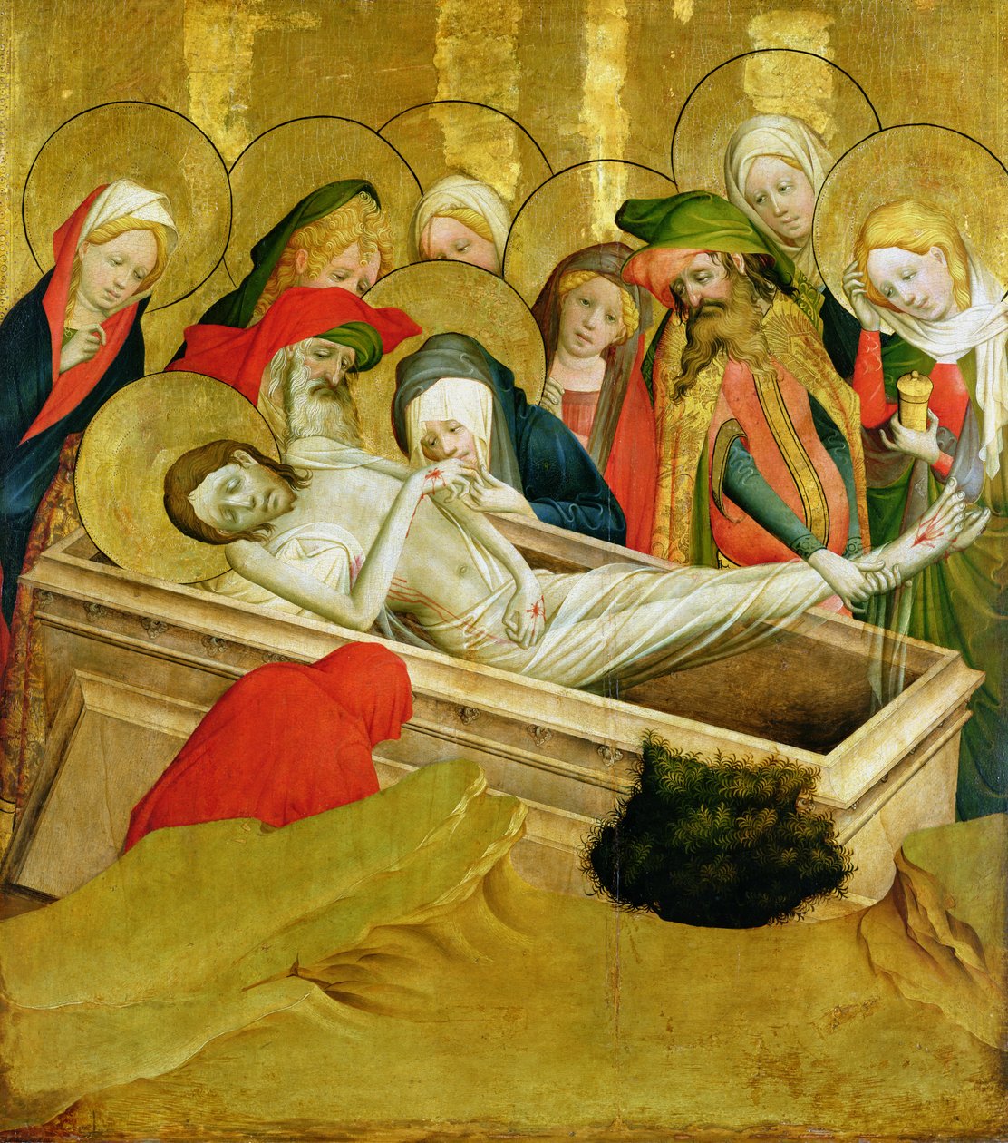 Złożenie do grobu, panel z ołtarza św. Tomasza z kościoła św. Jana w Hamburgu, rozpoczęty w 1424 r. (tempera i olej na panelu) (szczegóły w 144553) autorstwa Master Francke