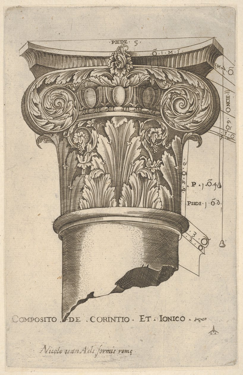 Kapitał kompozytowy z pomiarami, ca. 1537. autorstwa Master GA