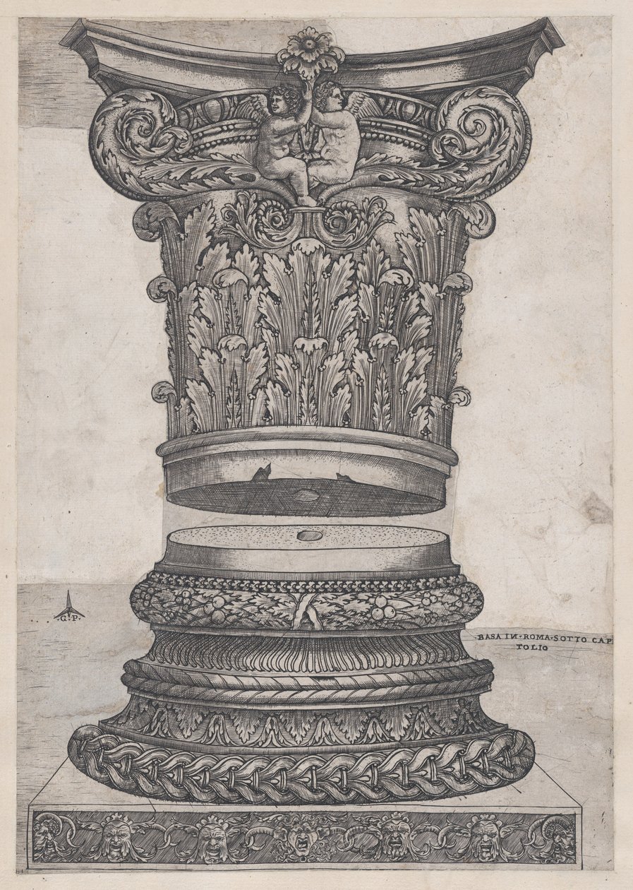 Lustro rzymskiej świetności: zdobiona stolica i podstawa, ca. 1537., ca. 1537 autorstwa Master GA