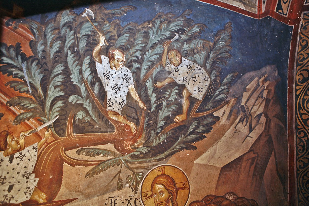 Wejście Chrystusa do Jerozolimy. Szczegół: Dzieci ścinające gałęzie palm, XIV wiek autorstwa Master Gerasime