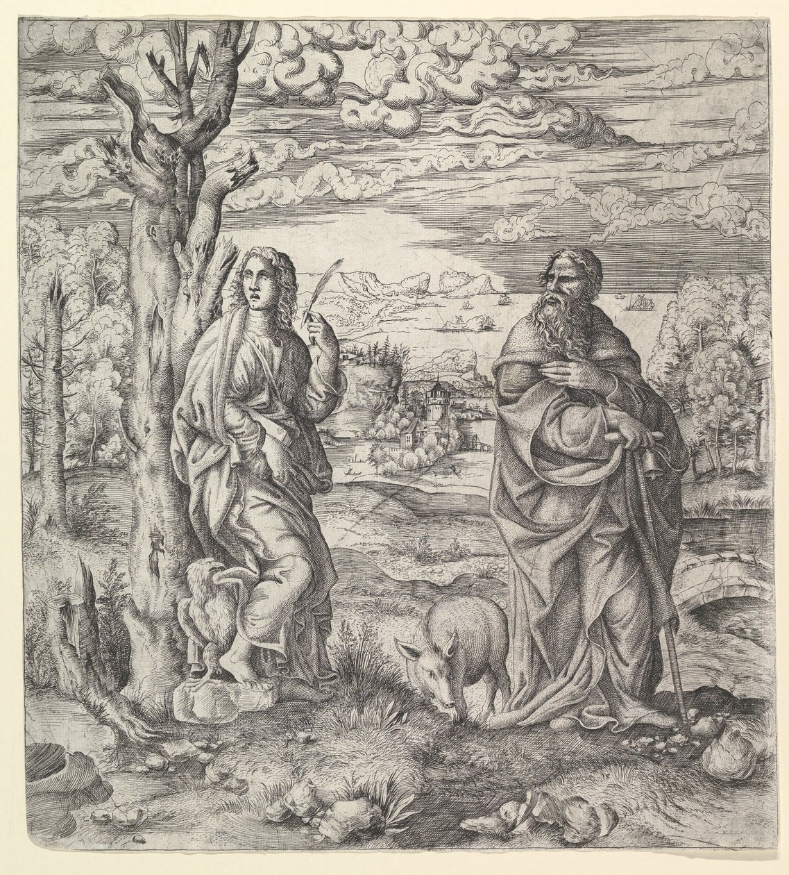 Św. Jan i Antoni w krajobrazie, ca. 1544-45. autorstwa Master IQV