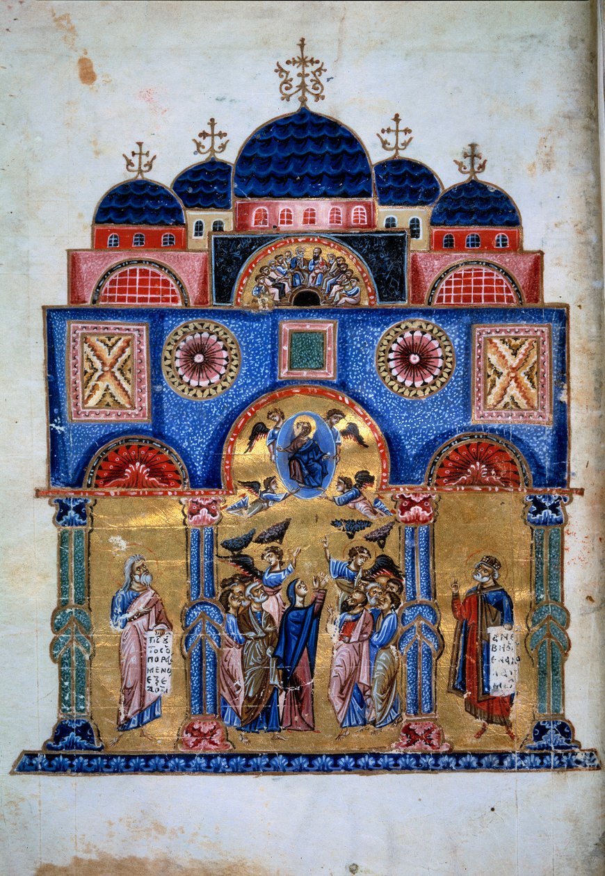 Wniebowstąpienie Chrystusa. Grecki rękopis „Homelies to the Virgin” (Folio 3v) Jacques de Kokkinobaphos autorstwa Master Kokkinobaphos
