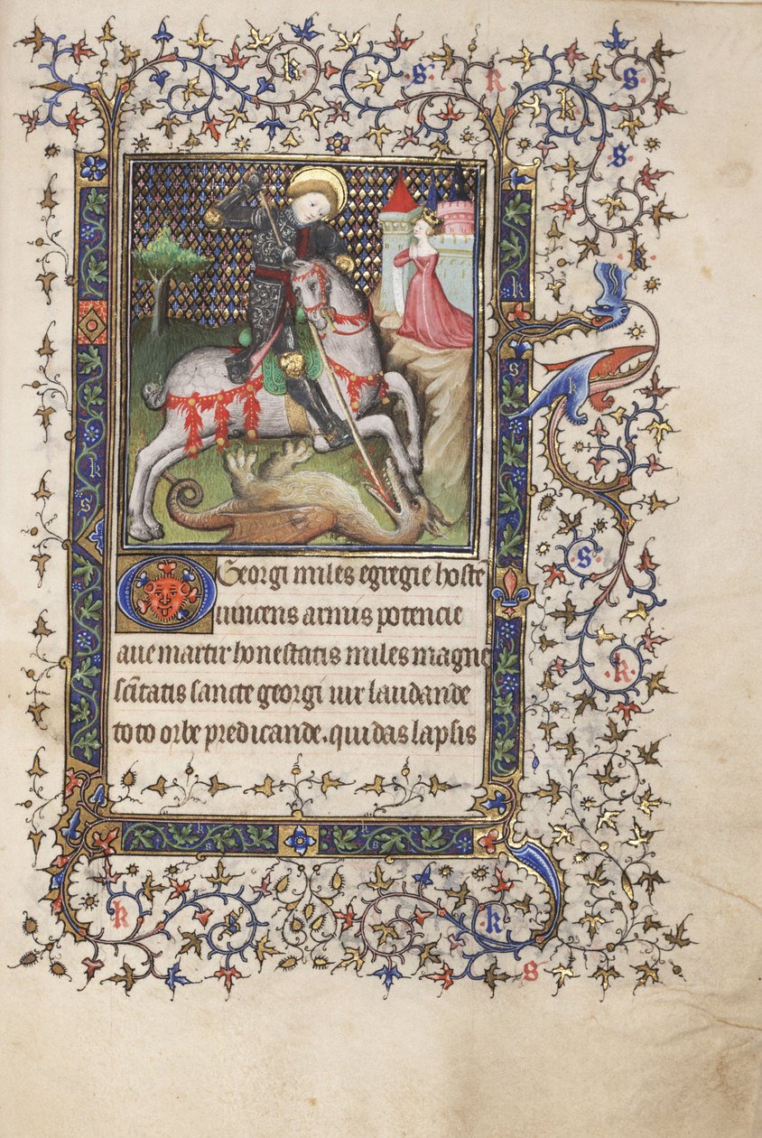 MS Widener 4 f.188r, Św. Jerzy walczący ze smokiem, z Godzinki, użycie Rennes, ok. 1405 (pióro i atrament oraz tempera na welinie) autorstwa Master Lucon