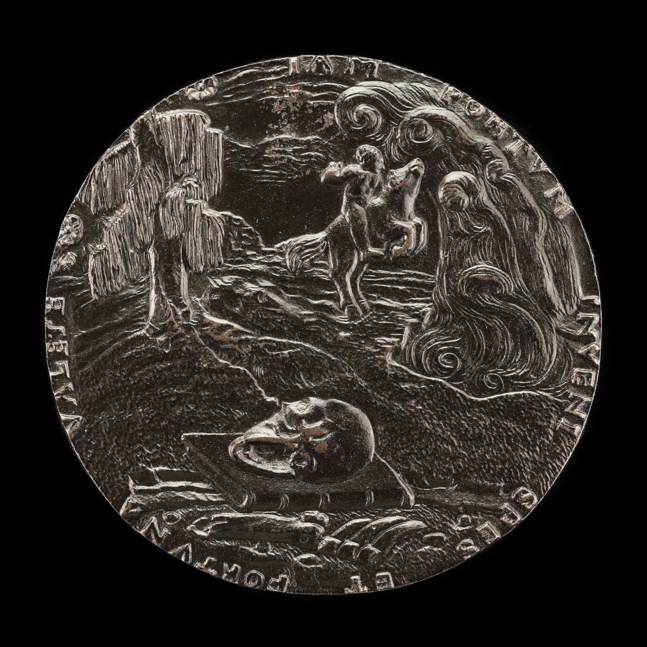 Książka, czaszka, kości i jeździec w krajobrazie [rewers], 1526. autorstwa Master M.P.