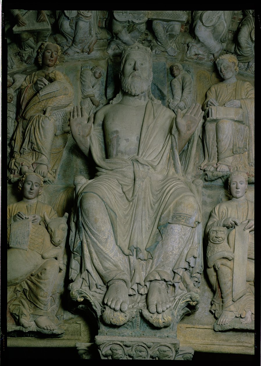 Fragment Portico de la Gloria przedstawiający Chrystusa w kamieniu Majestatu autorstwa Master Mateo