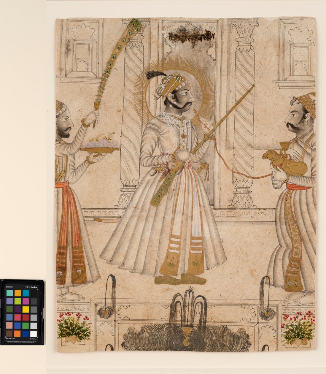 Maharana Amar Singh II palący fajkę wodną w kształcie owcy, ok. 1705 (nieprzezroczysta akwarela i złoto na papierze) autorstwa Master Stipple