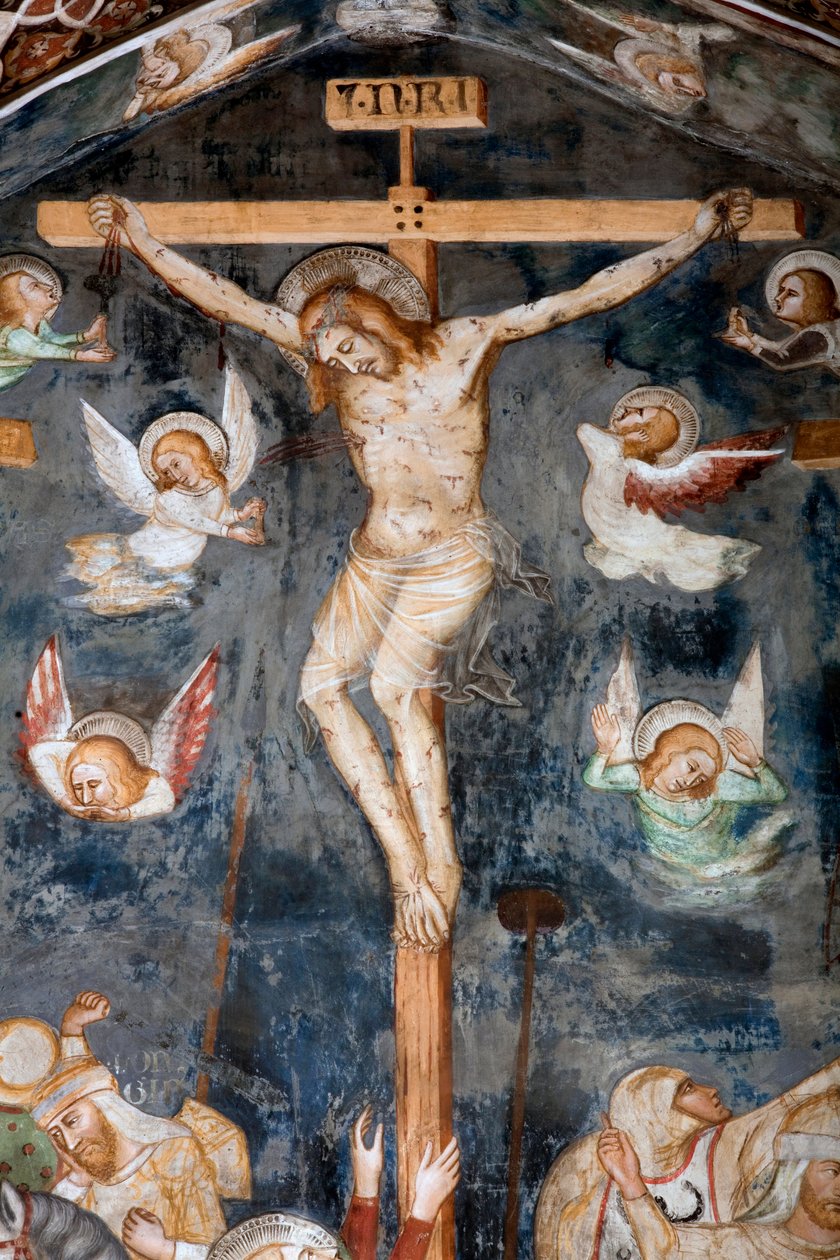 Szczegół ukrzyżowania przedstawiający Chrystusa z napisem INRI autorstwa Master Trecentesco of Sacro Speco School
