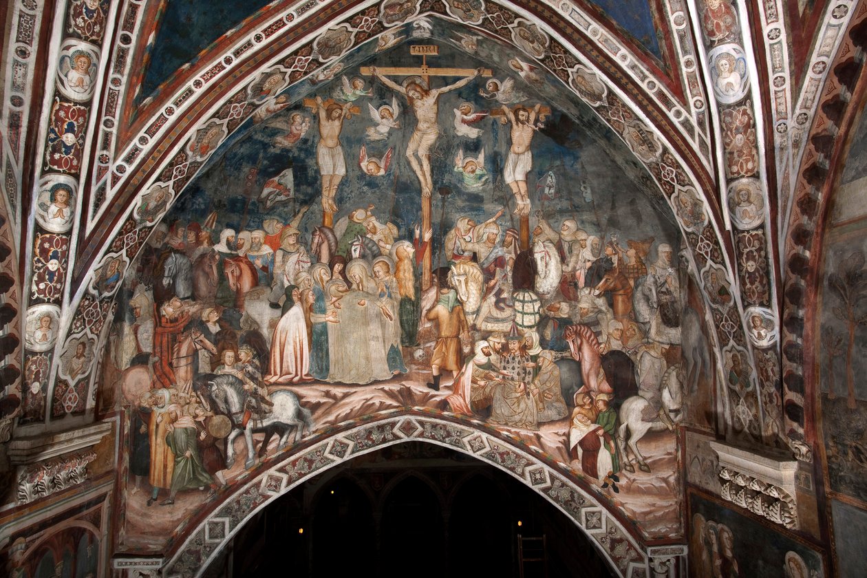 Fresk Ukrzyżowania Mistrza Sacro Speco. 14 wiek. Kościół Superior. Klasztor św Benedeta (Sacro Speco), Subiaco (Rzym), Włochy autorstwa Master Trecentesco of Sacro Speco School