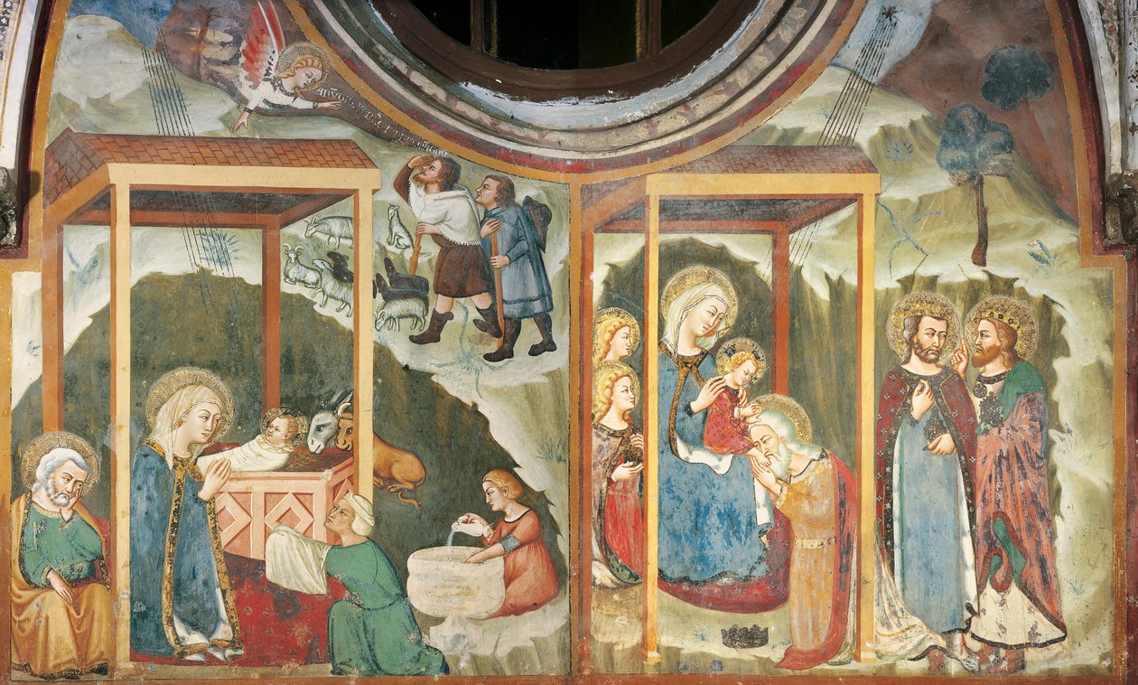 Narodzenia i Adoracji Trzech Króli, z Kaplicy Madonny, Klasztor Sacro Speco, Subiaco (fresk) autorstwa Master Trecentesco of Sacro Speco School