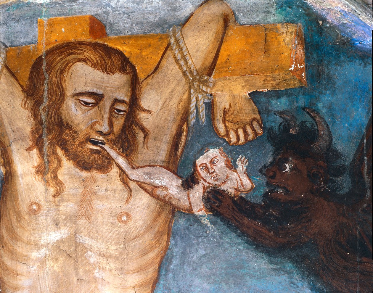 Niepokutowany złodziej krzyżuje się z Jezusem, jego duszę wyrywa z ust demon. Reprezentacja złego złodzieja nazywa Gesmas lub Gestas. Fresk autorstwa mistrza Sacro Speco. 14 wiek. Kościół Superior. Klasztor św Benedetto (Sacro Spec autorstwa Master Trecentesco of Sacro Speco School