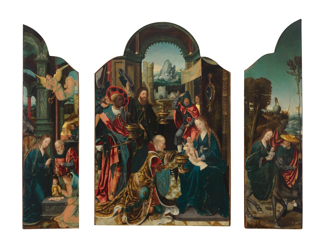 Tryptyk: panel centralny: Pokłon Trzech Króli; lewe skrzydło: Narodzenie Pańskie; prawe skrzydło: Ucieczka do Egiptu autorstwa Master of 1518