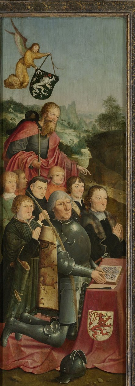 Tablica pamiątkowa z ośmioma portretami męskimi, prawdopodobnie Willem Jelysz van Soutelande i rodzina, ze św. Jakubem Większym i herbem rodziny Van Soutelande, wewnętrzne lewe skrzydło ołtarza autorstwa Master of Alkmaar