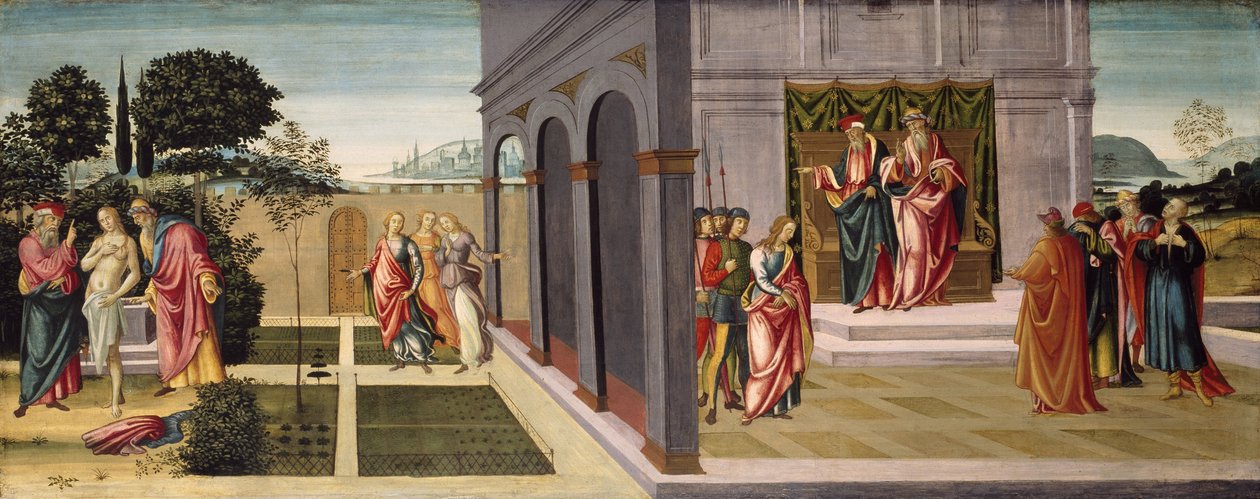 Zuzanna i starsi w ogrodzie oraz proces Zuzanny przed starszymi, ok. 1500 autorstwa Master of Apollo and Daphne