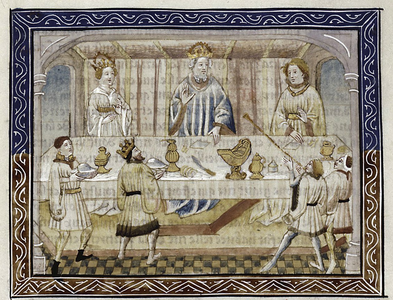 Cezar August, jego żona i syn przy stole Od: Jean Hayton, Kwiat opowieści z krainy Orientu, ok. 1410 autorstwa Master of Berry Apocalypse