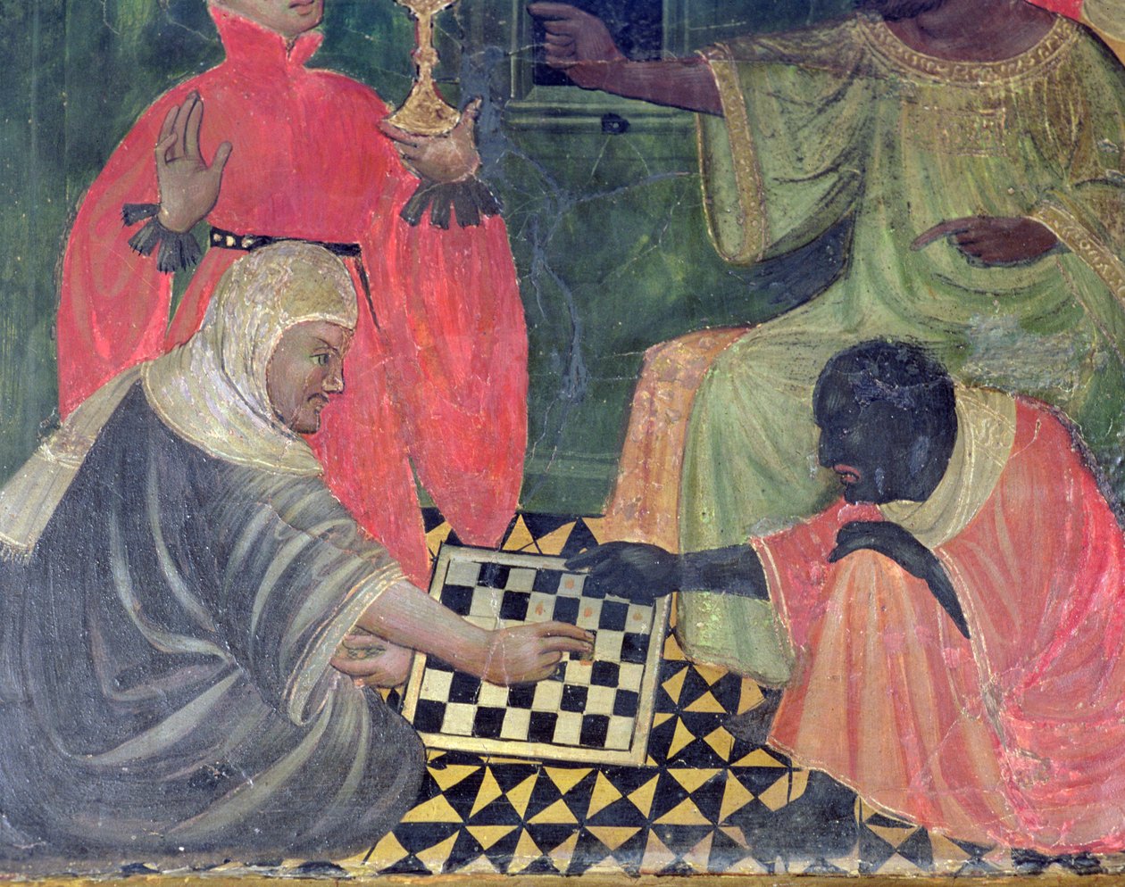 Maur i chrześcijanin grający w szachy, z ołtarza św. Mikołaja, Claire i Antoniego Opata (tempera na panelu) autorstwa Master of Castellitx